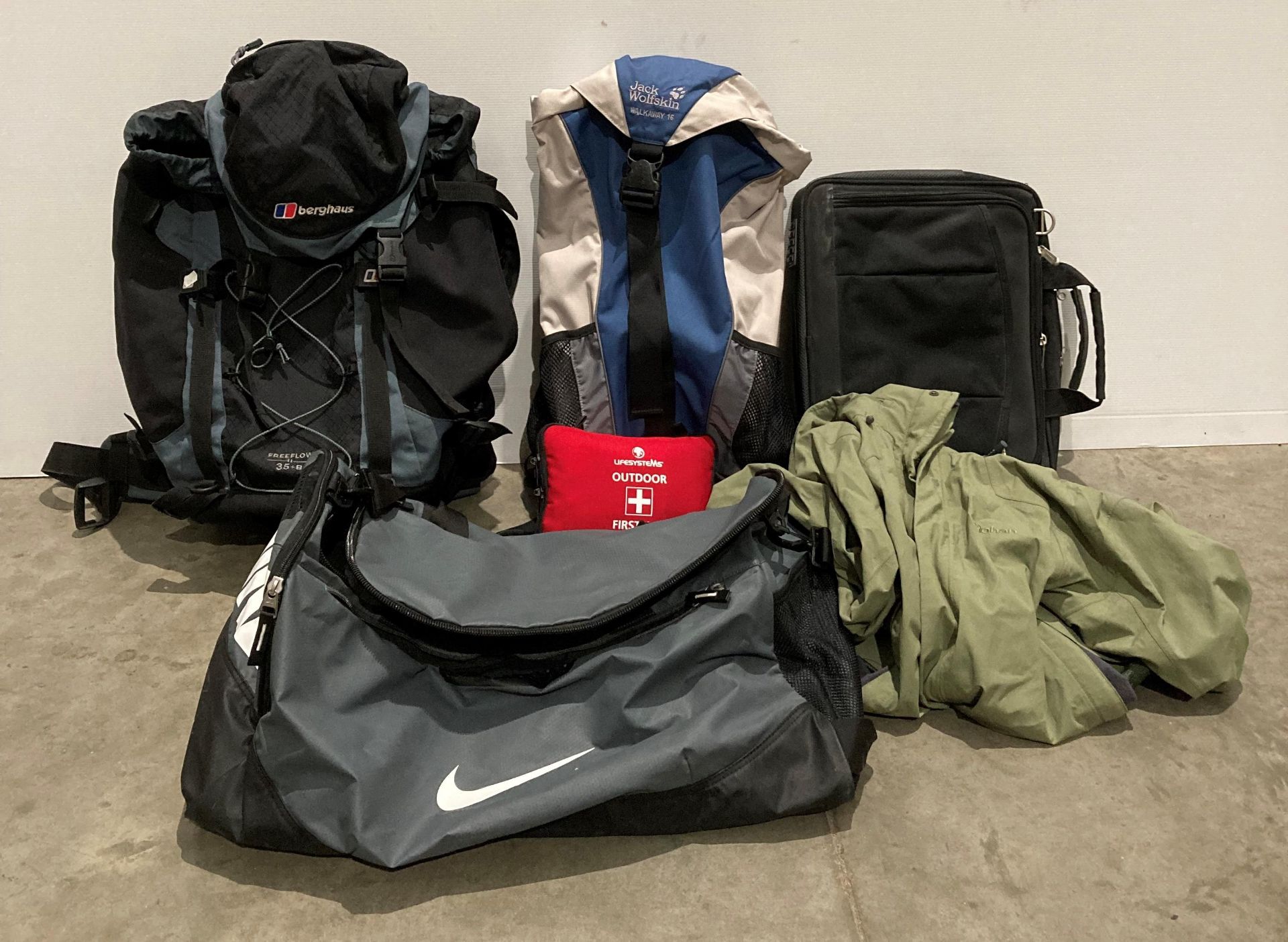 Berghaus Free Flow II 35+8 backpack, Nike bag and 2 other assorted bags,
