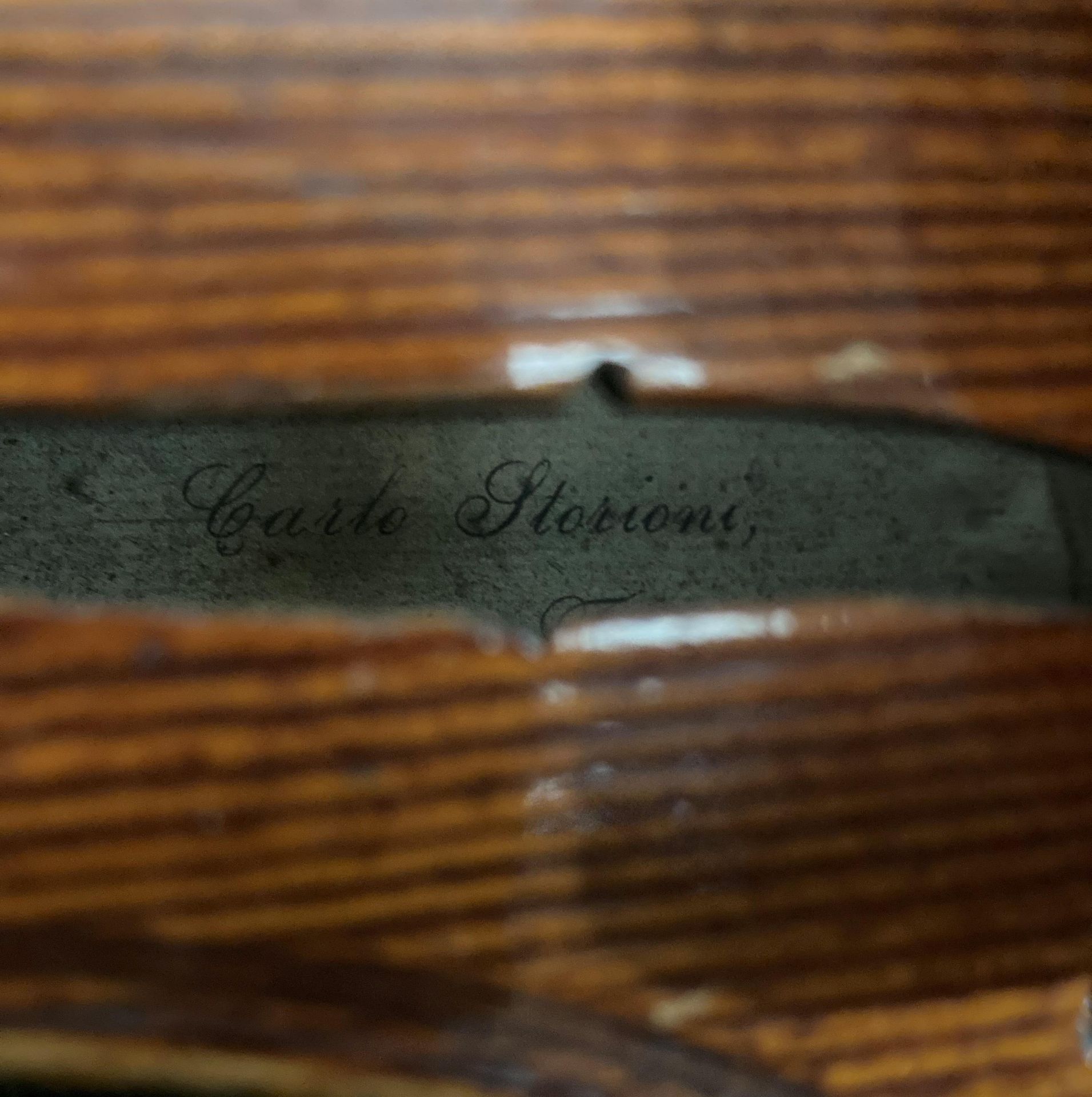 Carlo Storioni Cremonensis Faciebat 1893 violin with bow in a black case lined with green fabric - Image 4 of 14