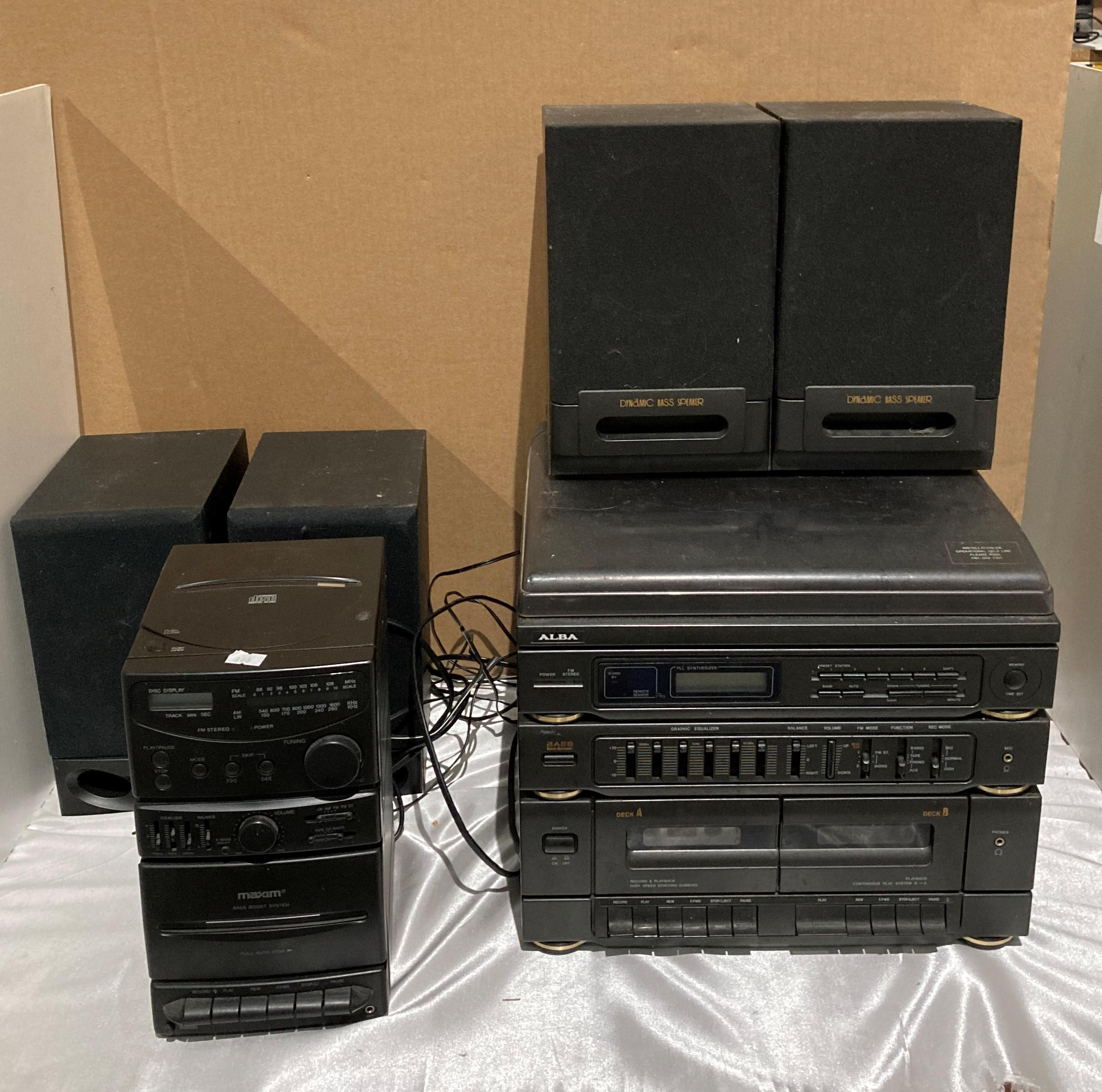 Two assorted Hi-Fi music system Alba M59500 Hi-Fi with speakers and a Maxim MX16-09 mini Hi-Fi