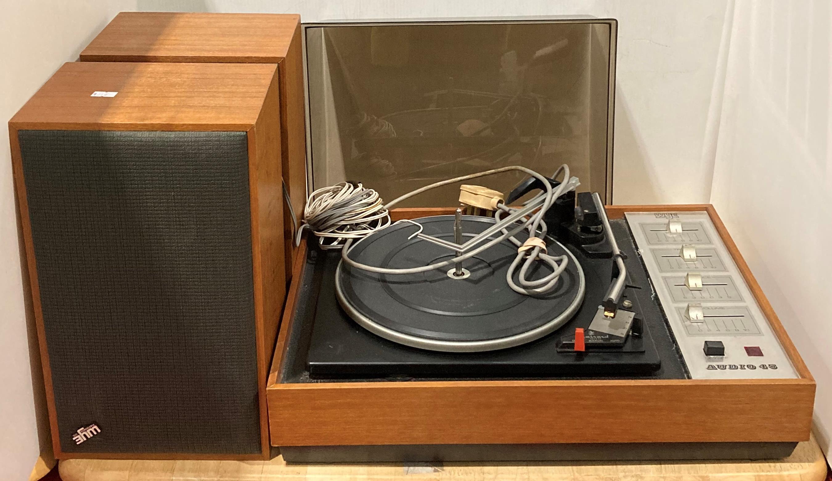 Audio 45 by Wye Electronics turntable with a Garrard 2025 TC deck and a pair of Wye teak framed