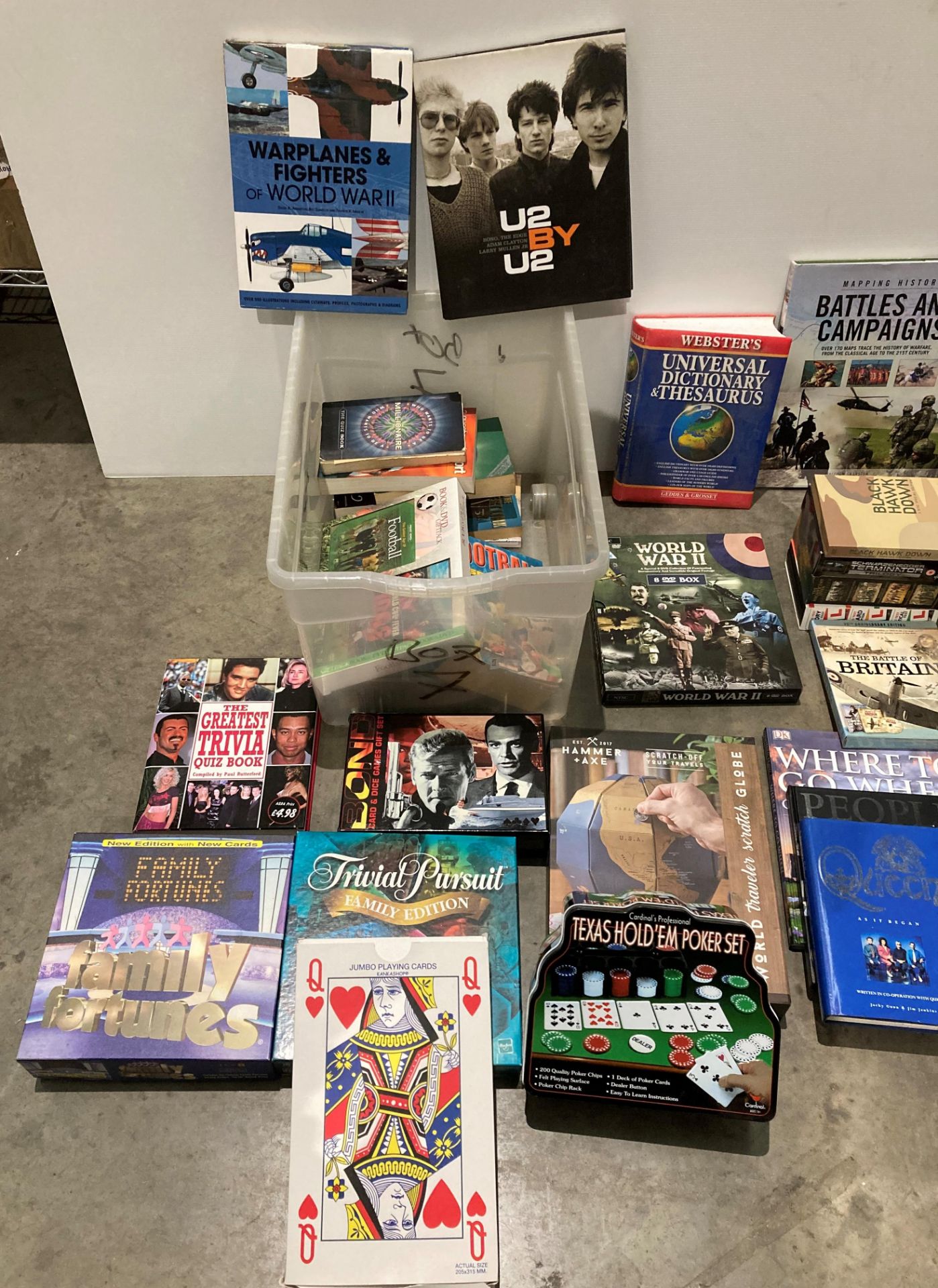 Contents to 3 boxes - quantity of books and games, war books, trivia books etc, Trivial Pursuit, - Image 2 of 3