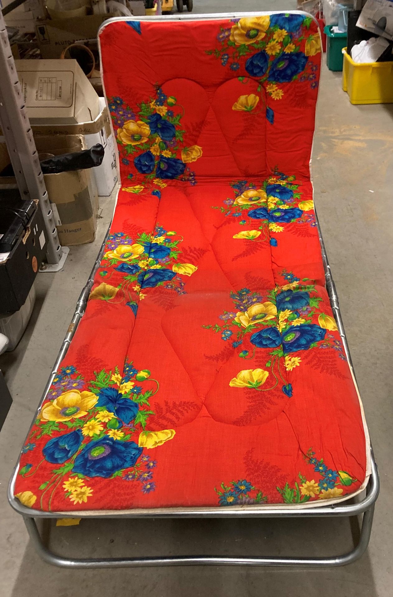 Aluminium framed sunlounger with red floral patterned cushion and brown metal framed sunlounger - Image 2 of 2