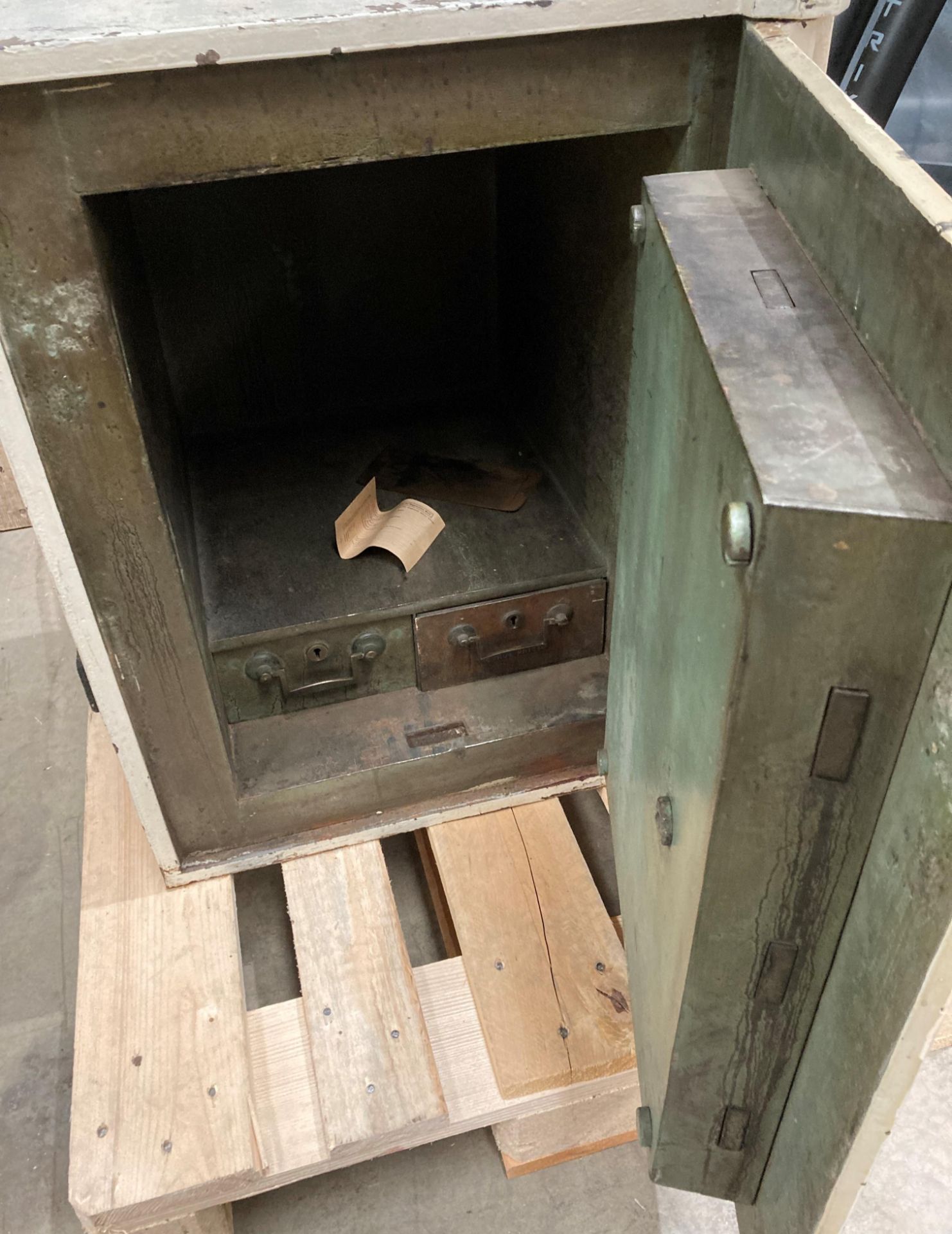 A white metal office safe with two internal drawers and one key, - Image 2 of 2