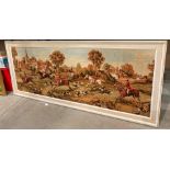 A large framed wall hanging tapestry depicting a hunting scene 60 x 170cm