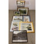 Contents to plastic box - eight assorted pictures/prints and a mirror (Saleroom location: H07