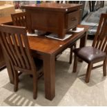 A modern dark wood six-piece dining suite comprising dining table, 150cm x 90cm,