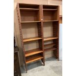 Staples Ladderax teak wall system including four uprights, 38cm wide x 200cm high, four shelves,