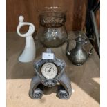 Four assorted items including Seamus Morgan Gothic style mantel clock,