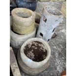 Five various circular concrete planters and a concrete strawberry pots (saleroom location: outside)