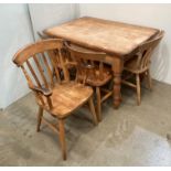 Pine kitchen table on turned legs, 121cm x 90cm x 77cm high,