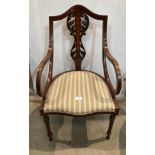 Edwardian mahogany inlaid and carved open scroll elbow armchair (Saleroom location: MW)