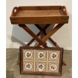 Two items - a tiled serving tray and a reproduction hardwood butler's tray and stand (2) (Saleroom