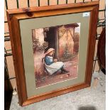 G E Wilson a pine framed print 'young girl with chicks',