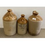 Three glazed stoneware flagons 'Holt Bros Botanical Brewers Heckmondwike',