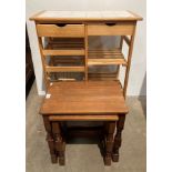 Two items - pine mobile kitchen unit with white tiled top, fruit baskets and wine rack,