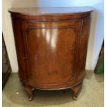 Burr walnut finish half moon drinks cabinet with two internal drawers, on cabriole legs,