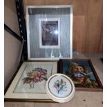 Three assorted framed tapestries and a wooden framed picture (Saleroom location: Kit)