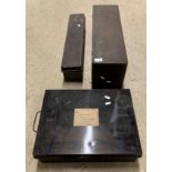 Three items - black painted pine box,