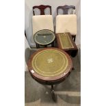 Five assorted items including two assorted mahogany side tables with green tooler leather inset