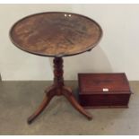 Mahogany circular tilt top side table with tripod base and turned column (damage to top and trace