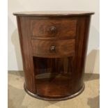 Reproduction dark mahogany stained oval side unit with two upper drawers and lower storage section,