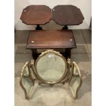 A pair of mahogany side tables, gilt cast metal triple dressing table mirror,