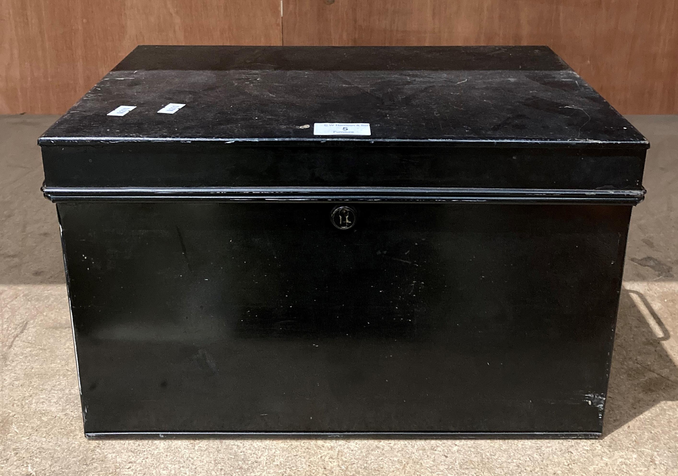 Black metal deed box, no keys,, 41cm x 28cm x 24.
