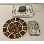 A Royal Crown Derby bone china side plate, ref 1128XL, 16cm diameter, a Minton square dish,
