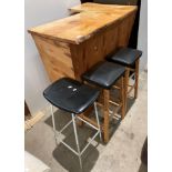 Hand made L-shaped bar with solid wood varnished top and three assorted bar stools,
