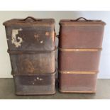 Two wooden framed travel trunks, 90cm x 33cm x 52cm approximately,