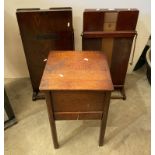 Three items - two Corby trouser presses and an oak sewing box with lift up lid and single drawer
