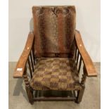 Vintage oak self reclining armchair with barley-twist supports to arm (Saleroom location: Kit)