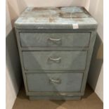 Light blue three drawer retro kitchen unit with a formica top, 59cm x 51cm x 85.
