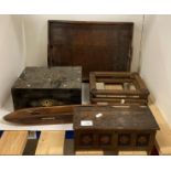 Dark wood box with brass decoration, oak two handled tea tray, oak miniature coffer,