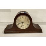 Mahogany mantel clock with five ring chime (some veneer missing),
