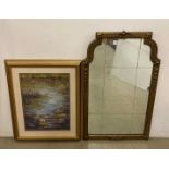 A gilt coloured framed wall mirror, 77cm x 49cm and a Maddra framed oil painting of a pond,