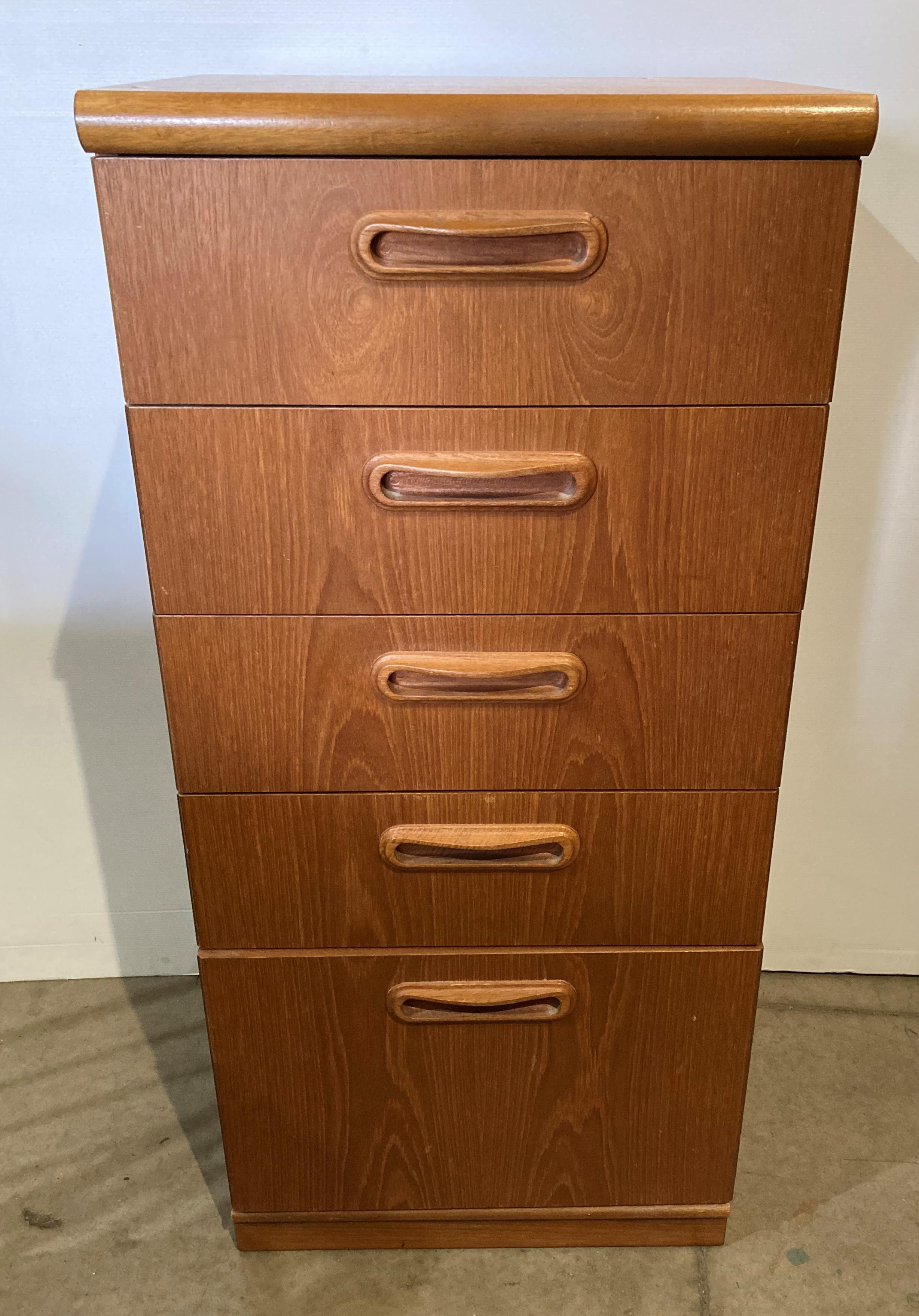 Mid-century teak and teak finish tallboy chest of five drawers,