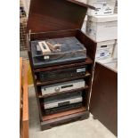 A dark mahogany finish five dummy drawer entertainment cabinet with Project record deck,