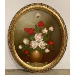 John Underwood (Wakefield Artist), gilt oval framed oil on board 'Roses in a vase',
