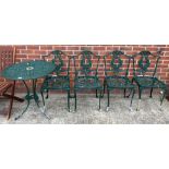 A green painted aluminium five-piece patio set comprising circular table (70cm dia) and four chairs