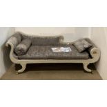 Cream and gold painted day bed with scroll arms and silver floral design upholstery,