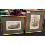 Two small hand coloured framed antiquarian engravings, 'Caernarvon Castle',