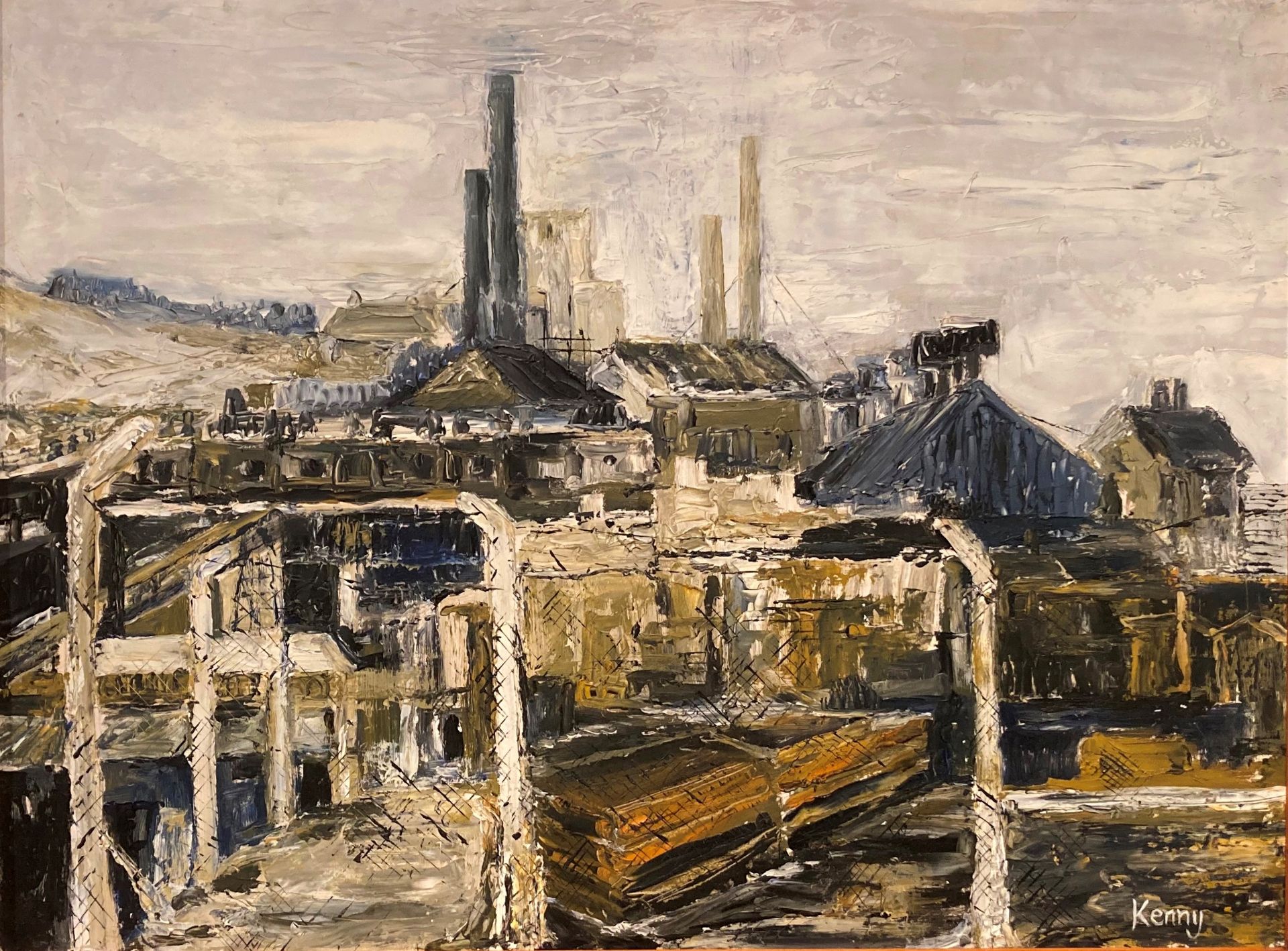 † Cynthia Kenny (1929-2021), 'Industrial Landscape', titled verso, oil on board,