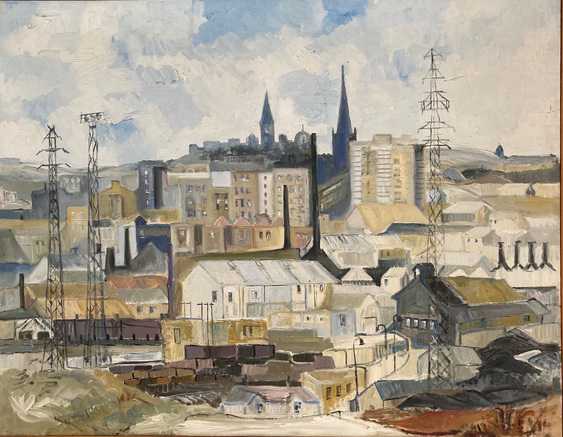 † Cynthia Kenny (1929-2021), Townscape with hills beyond, oil on canvas, image size 71cm x 91cm,