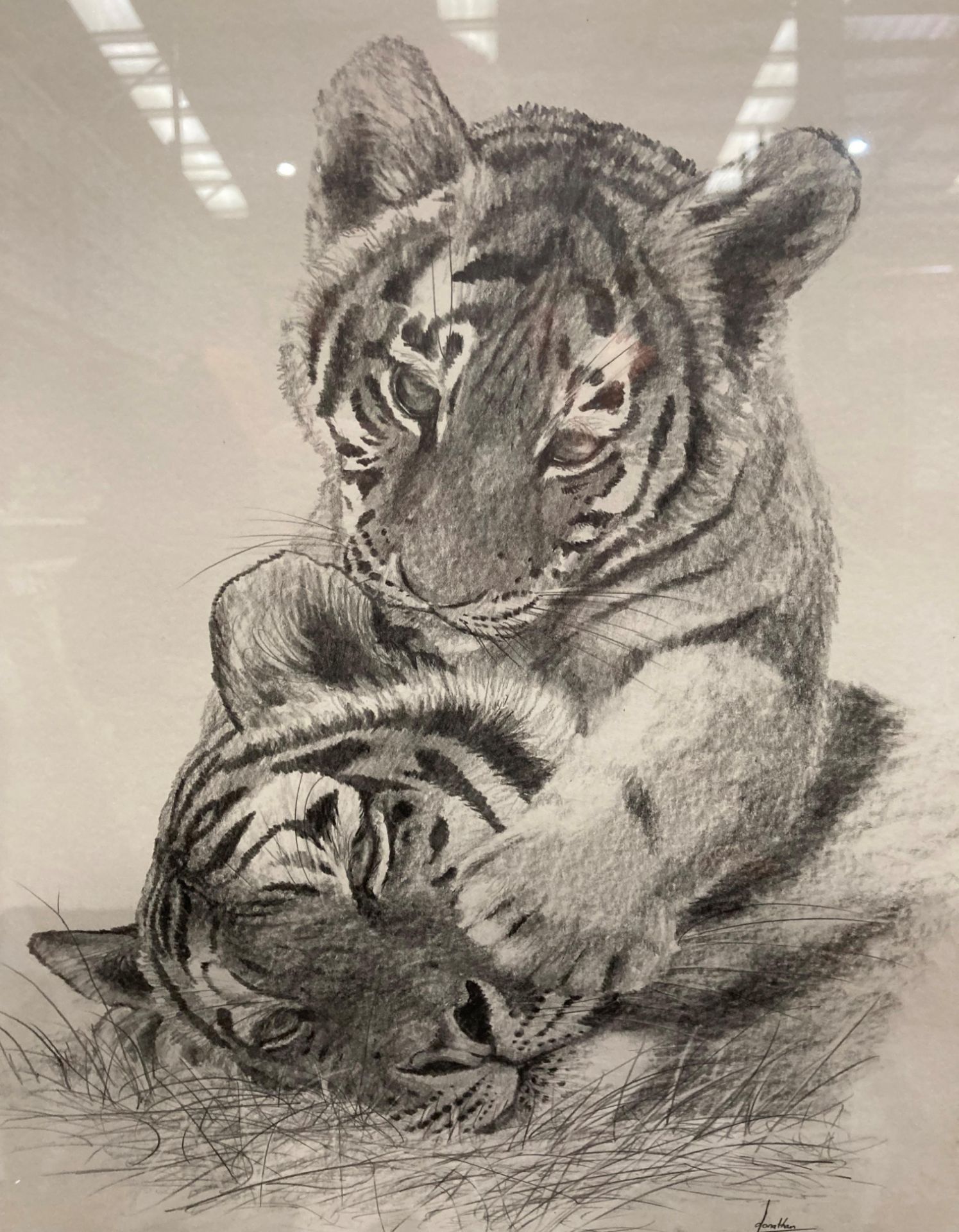 Jonathan Truss, framed pencil drawing 'Playtime', 40cm x 38cm,