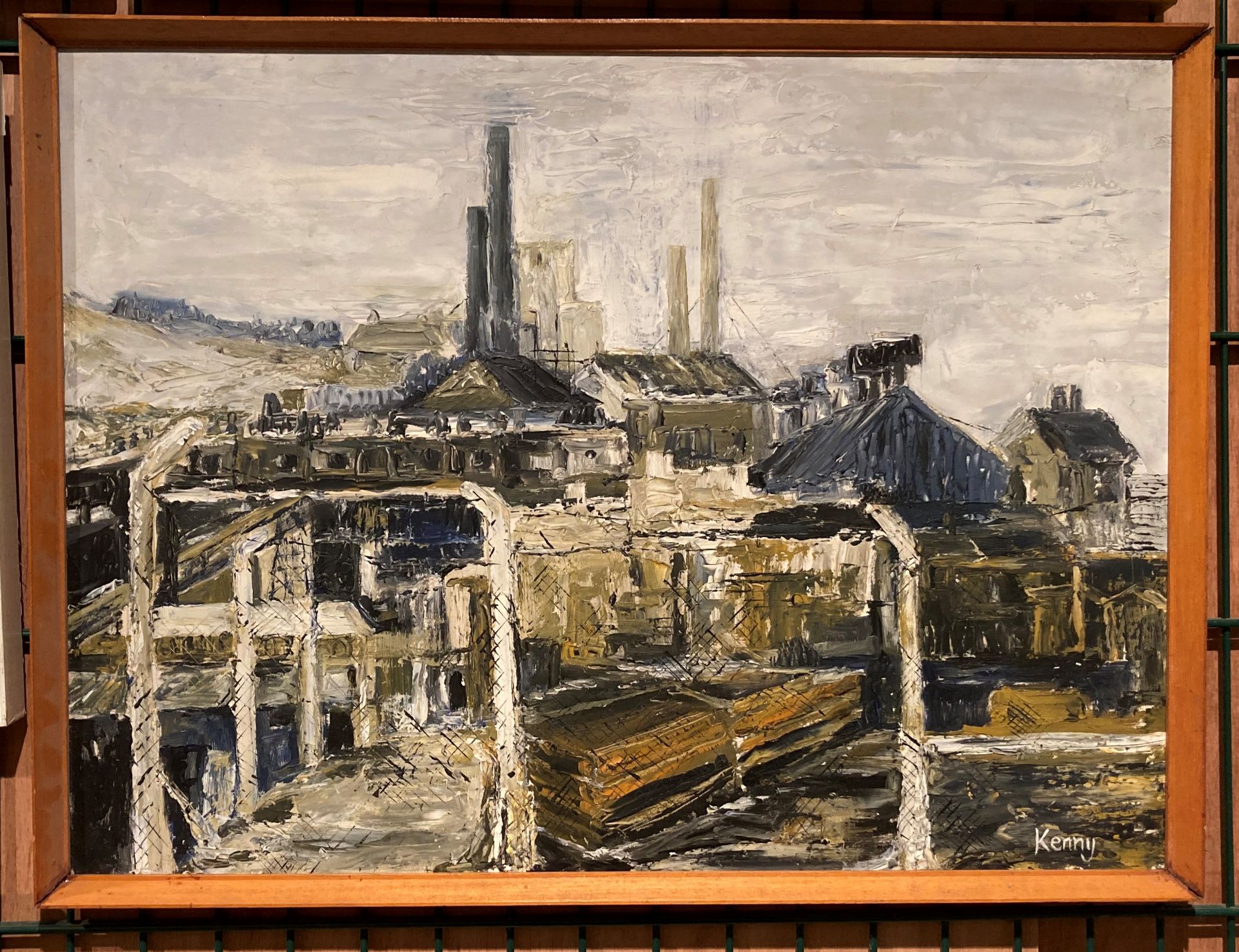 † Cynthia Kenny (1929-2021), 'Industrial Landscape', titled verso, oil on board, - Image 3 of 4