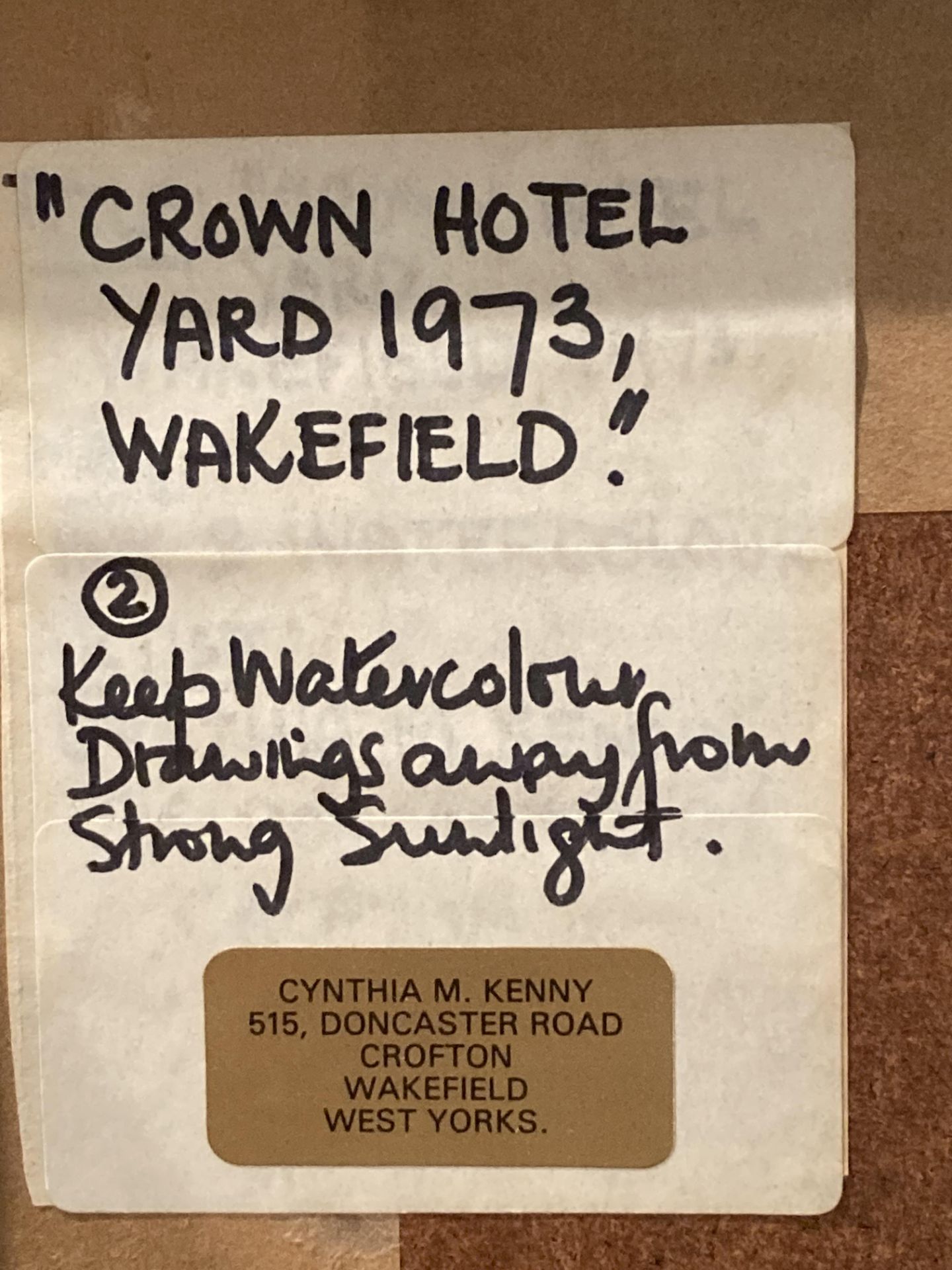 † Cynthia Kenny (1929-2021), 'Crown Hotel Yard 1973, Wakefield', titled verso, watercolour, - Image 4 of 6