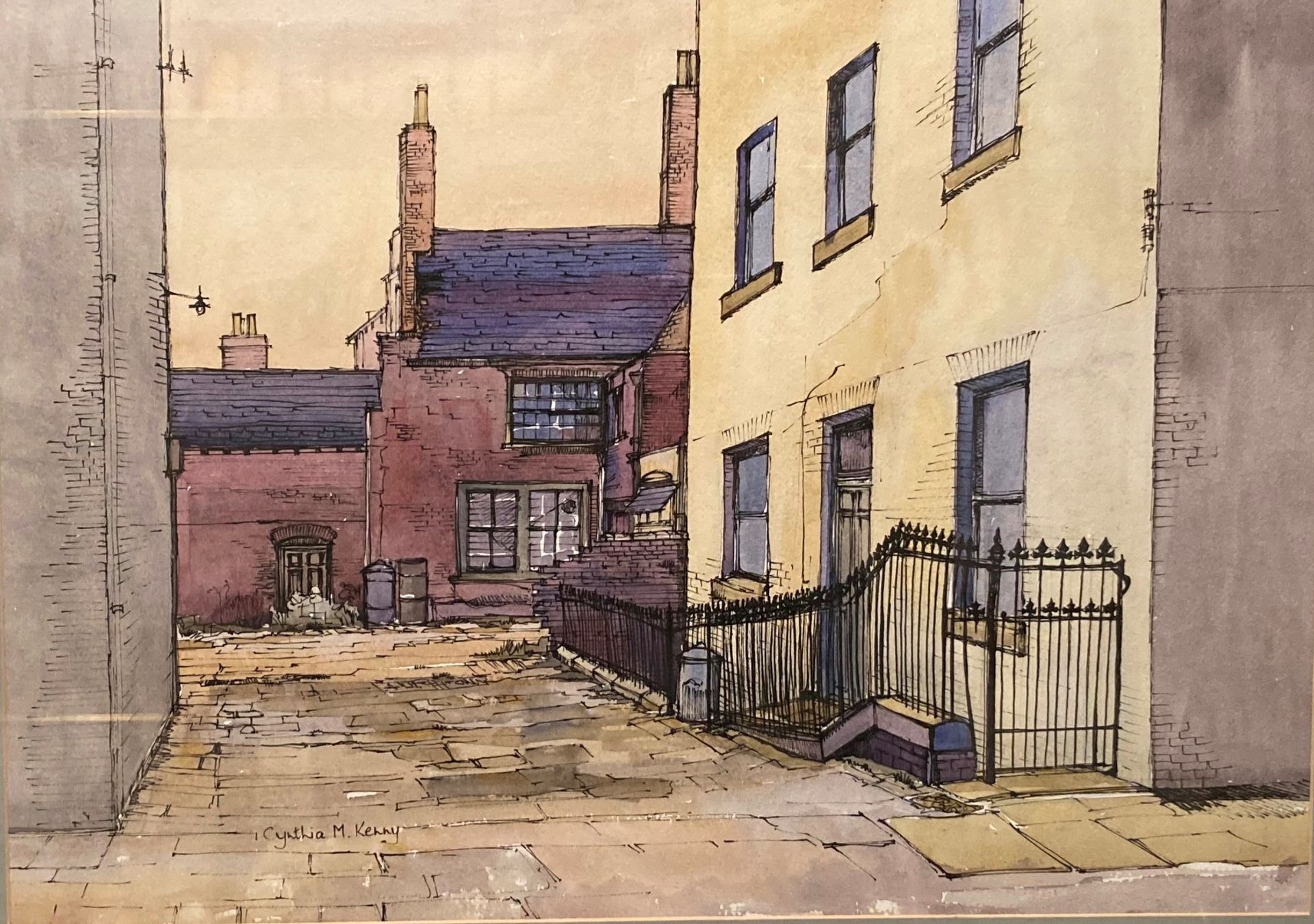 † Cynthia Kenny (1929-2021), Railings, Sidebottom's Yard, 1973', titled verso, ink and watercolour,
