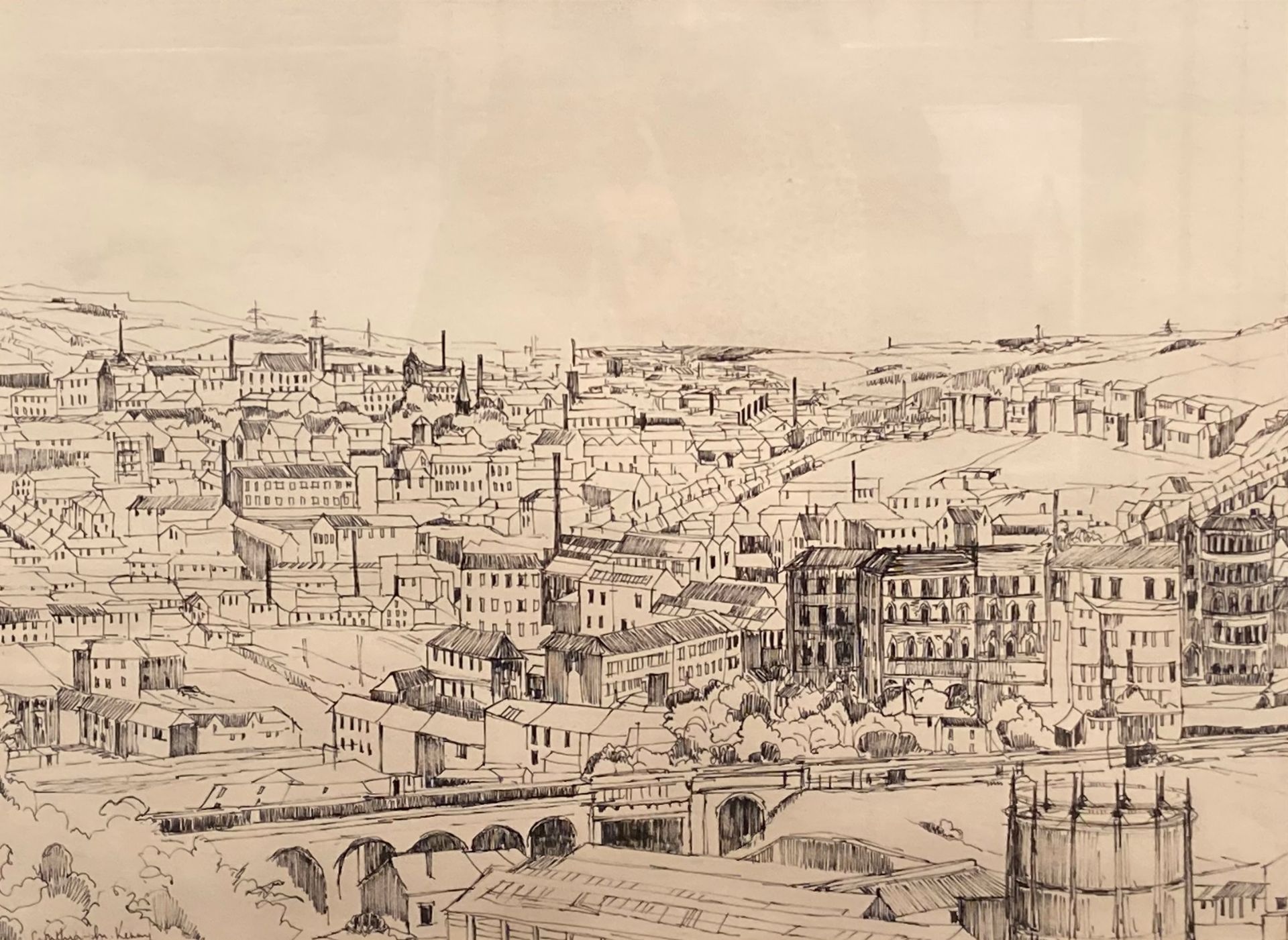 † Cynthia Kenny (1929-2021), 'Townscape, Batley', titled verso, ink on paper,