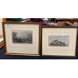 Two small hand coloured framed antiquarian engravings 'Alnwick Castle',